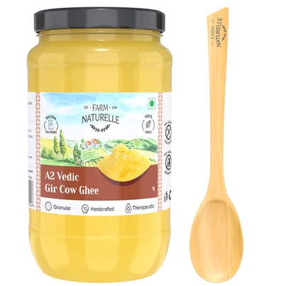Farm Naturelle A2 Pure Gir Cow Ghee 1000ml Extra In Glass Bottle | Extra Engraved Virgin Wooden Spoon| 100% Desi Gir Cow Ghee | Vedic Bilona Method-Curd Churned-Golden | Lab Tested Grainy & Aromatic, Keto Friendly | Non-GMO Grassfed, Premium & Traditional Ghee | Immunity Booster