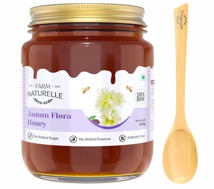 Farm Naturelle-Jamun Flower Wild Forest Honey| 100% Pure Honey|1000g+150gm Extra and a Wooden Spoon|Raw Natural Un-Processed - Un-Heated Honey | Lab Tested Honey in Glass Bottle.