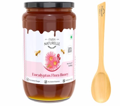 Farm Naturelle-Eucalyptus Flower Wild Forest (Jungle) Honey|1450gm and a Wooden Spoon|100% Pure Honey, Raw Natural Un-Processed - Un-Heated Honey | Lab Tested Honey | Glass Bottle.