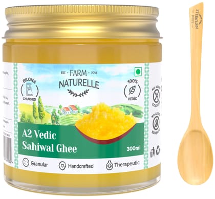 Farm Naturelle A2 Pure Ghee 300ml In Glass Bottle | Extra Engraved Virgin Wooden Spoon | 100% Desi Sahiwal Cow Ghee | Vedic Bilona Method-Curd Churned-Golden | Lab Tested Grainy & Aromatic, Keto Friendly | Non-GMO Grassfed, Premium & Traditional Ghee | Immunity Booster