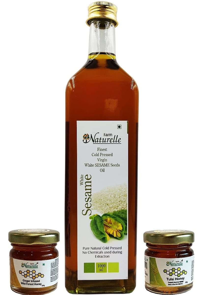 Farm Naturelle (Glass Bottle) Virgin Cold Pressed White Sesame Seed Cooking Oil (1000 ML) with Free 55Gms x 2, Tulsi Honey and Ginger Honey