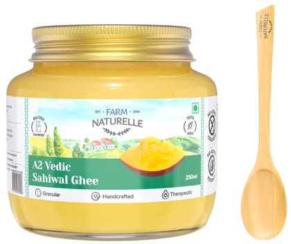 Farm Naturelle A2 Pure Ghee 200ml+50ml Extra In Glass Bottle | Extra Engraved Virgin Wooden Spoon | 100% Desi Sahiwal Cow Ghee | Vedic Bilona Method-Curd Churned-Golden | Lab Tested Grainy & Aromatic, Keto Friendly | Non-GMO Grassfed, Premium & Traditional Ghee | Immunity Booster