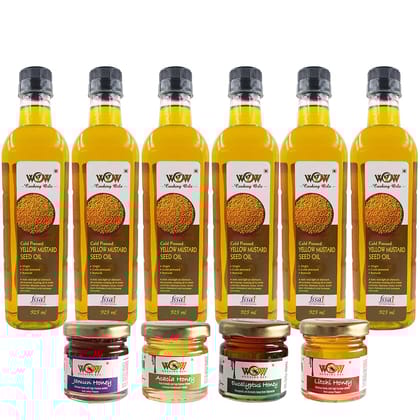 WOW Cooking Oils Virgin Cold Pressed Yellow Mustard Seed Cooking Oil (925 Ml x 6) with Free (55 GMS x 4 Varieties) Raw Honey