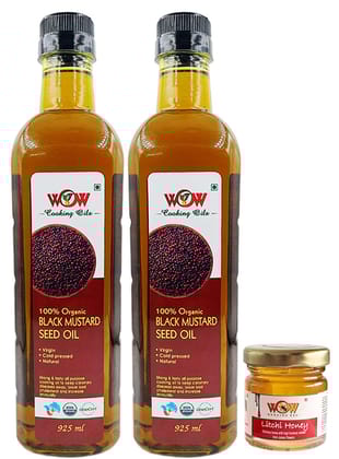 Wow Cooking - Organic Cold Pressed Black Mustard Oil (925 Ml x 2) with 55Gm Raw Honey| Mustard Oil for Cooking | Good for heart health | Pure Oil For Roasting, Frying, Baking All type of Cuisines