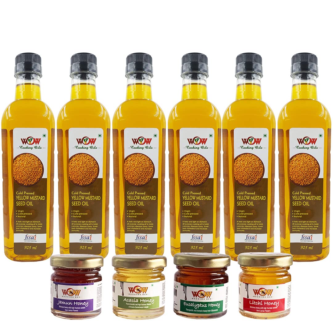 WOW Cooking Oils Certified Virgin Cold Pressed Yellow Mustard Seed Cooking Oil Oil 925 ml x 6 Combo (5550 ml ) with Free 4 Varieties Raw Forest Honey