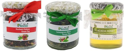Farm Naturelle-( Kashmiri Kahwa And Lemongrass Mint Green Tea 40 grm x 2 ) With ( Acacia Raw Honey 250 gram) Blended with Saffron, Almonds, Spices -100 % Natural Ingredients.(Pack Of x 3 Bottle)