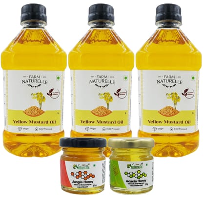 Farm Naturelle -Virgin Cold Pressed (Kachi Kacchi Ghani) Yellow Mustard Oil Pack 3 x 1Ltr with Free Raw Forest Honey Varieties (2x55 GMS Pack)