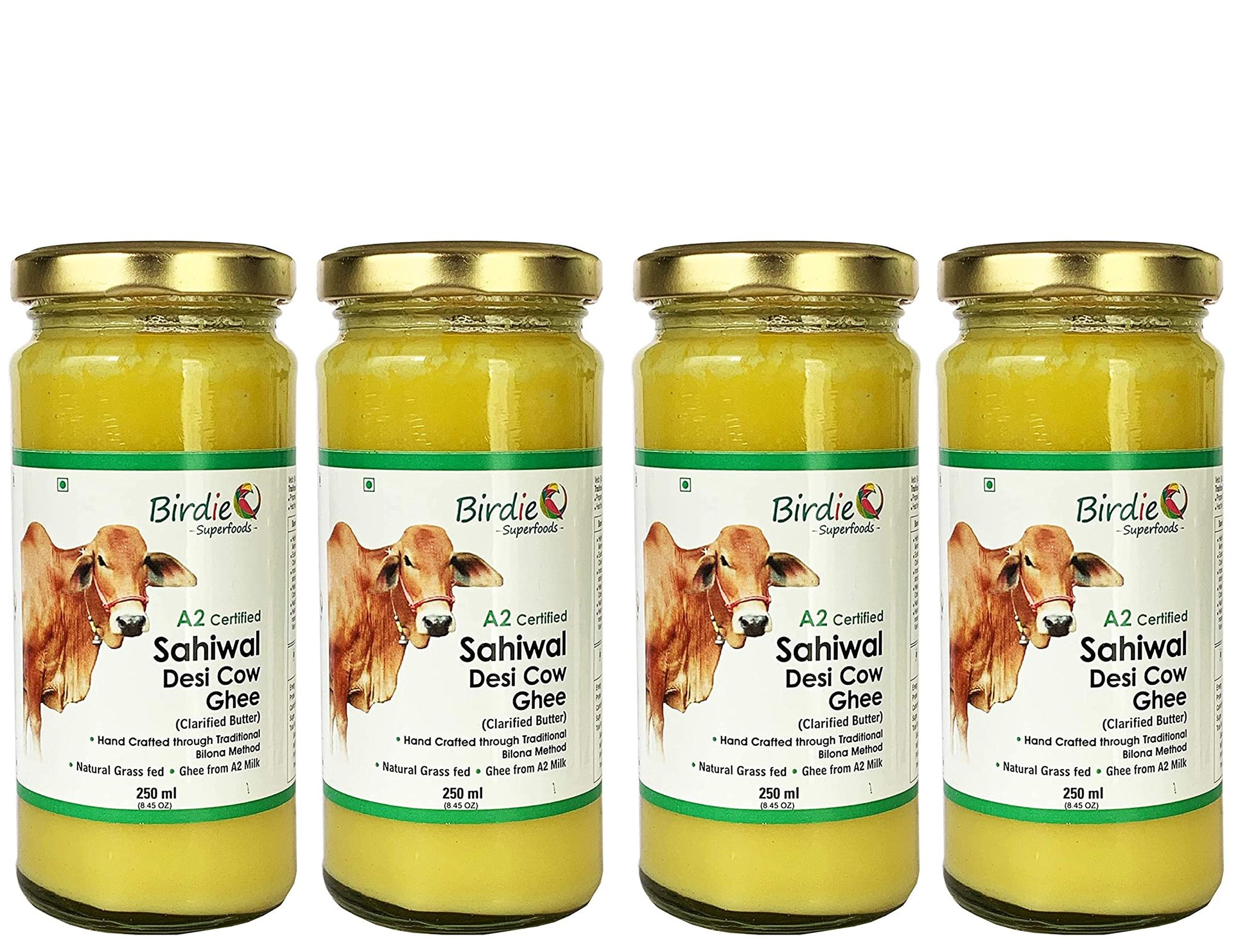 Birdie Superfoods -100% PureA2 Milk Sahiwal Cow Desi Ghee Through Vedic Bilona Method (Glass Bottle- 250 mlx3 combo and Free 250ml bottle)