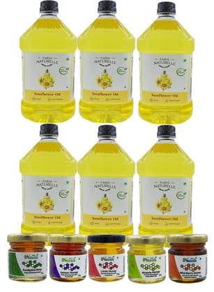 Farm Naturelle Organic Virgin Cold Pressed Sunflower Cooking Oil. (2 LTR X 6)+ 5 Honey 55g
