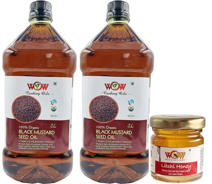 Wow Cooking - Organic Cold Pressed Black Mustard Cooking Oil 2 Ltr X 2 With 55 Gm Raw Honey| Mustard Oil for Cooking | Good for heart health | Pure Oil For Roasting, Frying, Baking All type of Cuisines