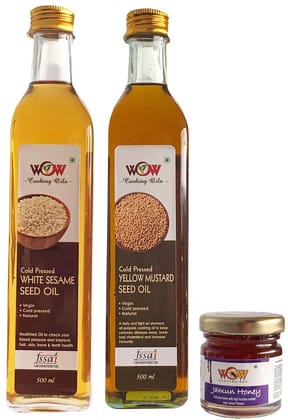 WOW Cooking Oils Certified Organic Cold Pressed Virgin Pure Sesame Oil & Yellow Mustard Seeds Cooking Oil- 500 ml x 2 Combo with Free 55 GMS Raw Forest Honey WOW Cooking Oils Certified Organic Cold Pressed Virgin Pure Sesame Oil & Yellow Mustard Seeds Cooking Oil- 500 ml x 2 Combo with Free 55 GMS Raw Forest Honey