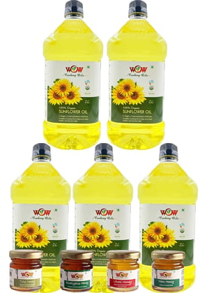 WOW Cooking Oils Certified Organic Virgin Cold Pressed Sunflower Cooking Oil (2 LTR X 5)+4 RW Honey 55GM