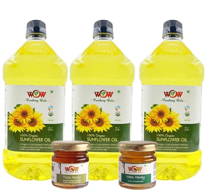 WOW Cooking Oils Certified Organic Virgin Cold Pressed Sunflower Cooking Oil (2 LTR X 3)+2 RAW Honey 55GM