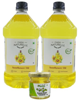 Farm Naturelle Organic Virgin Cold Pressed Sunflower Cooking Oil (2LTRx2) +1, 55g Honey