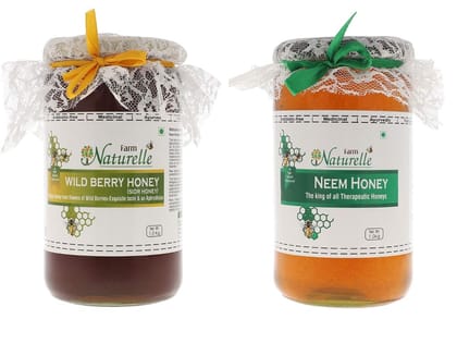 Farm Naturelle-Virgin 100% Pure Raw Natural Unprocessed Wildberry-Sidr & Neem Flower Forest Honey-(1 KG x 2) Glass Bottle