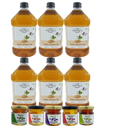 Farm Naturelle 100% Virgin Cold Pressed White Sesame Seed Cooking Oil Fssai Approved. (2 LTR X 6)+5, 55gHoney Farm Naturelle 100% Virgin Cold Pressed White Sesame Seed Cooking Oil Fssai Approved. (2 LTR X 6)+5, 55gHoney