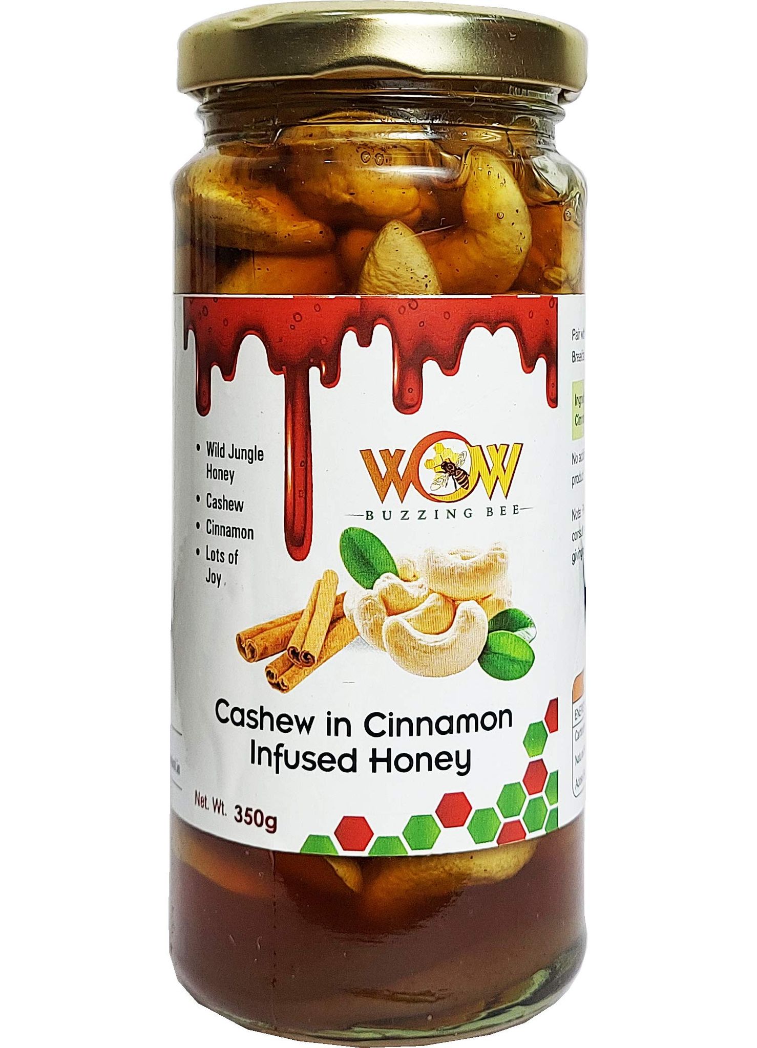 WOW BUZZING BEE -Best Cashews-Kaju (Dry Fruit) in Cinnamon Infused Wild Forest Honey-A� Gift for Your Loved Ones -350 g (Glass Bottle)