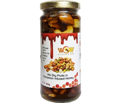 WOW BUZZING BEE -Best Mix Dry Fruits(Nuts) in Cinnamon Infused Wild Forest Honey-A Gift for Your Loved Ones -325 gm (Glass Bottle)