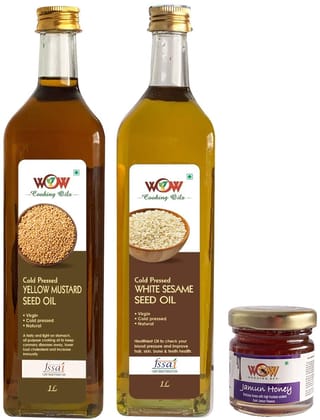 WOW Cooking Oils Virgin Pure Sesame Cold Pressed Yellow Mustard Seed Cooking Oil 1000 Ml x 2 with Free 55 GMS Raw Honey