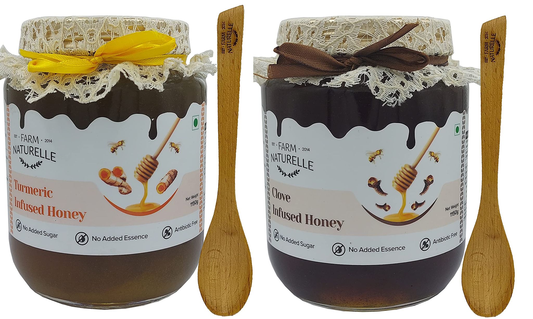 Farm Naturelle-Real Clove & Turmeric Infused 100% Pure Raw Natural Wild Forest Honey-(1000gm+150gm Extra+Wooden Spoons.) x 2 Sets.