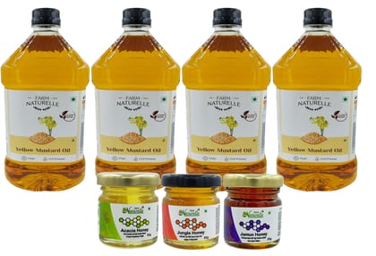 Farm Naturelle 100% Pure Natural Virgin Cold Pressed Yellow Mustard Seed Cooking Oil. (2 LTR X 4)+ 3 Honey 55g