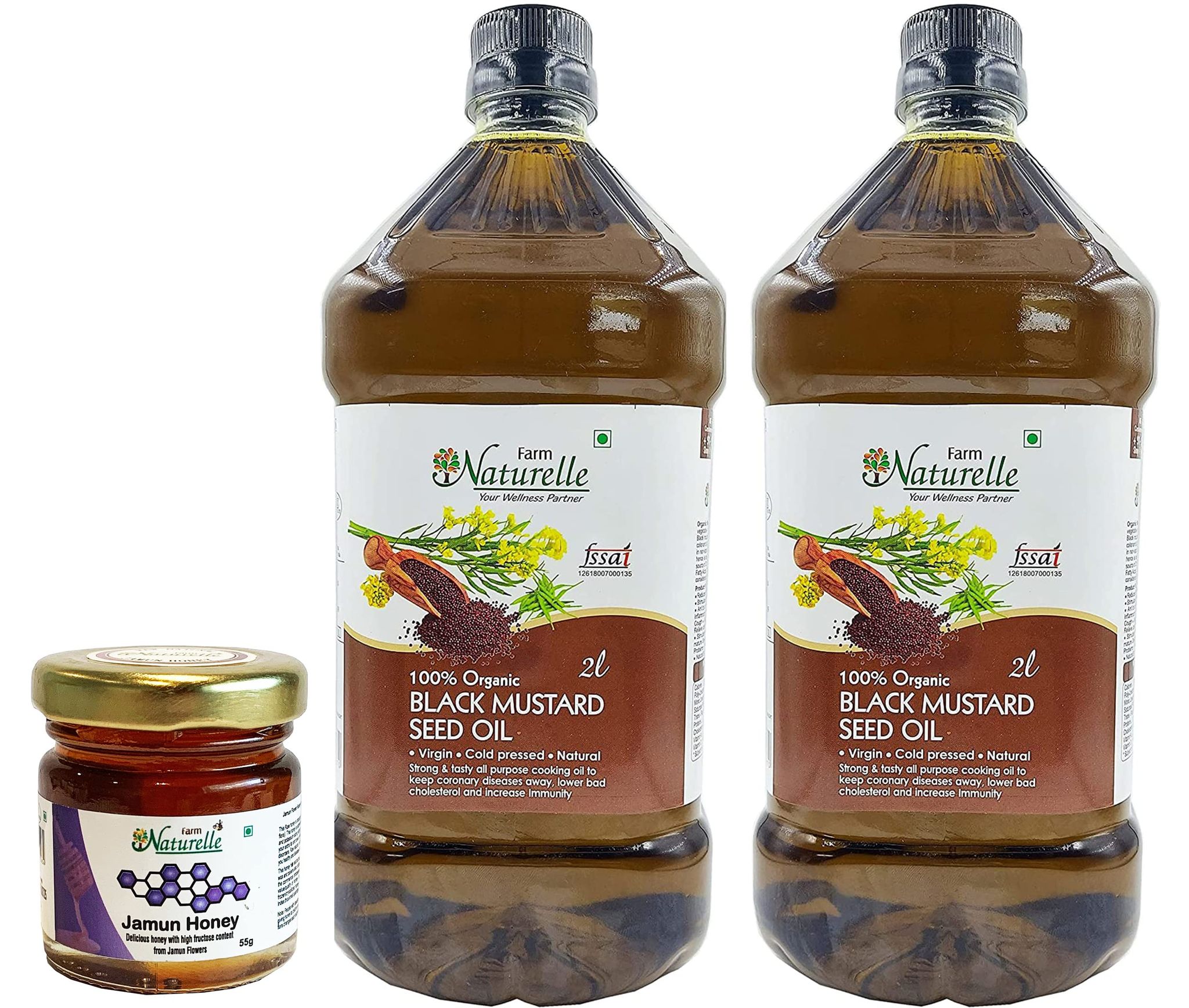 Farm Naturelle Organic Mustard Oils. The Finest Organic Cold Pressed Virgin (Kachi Ghani) Mustard Cooking Oil (2 LTR X 2) + 55g Honey