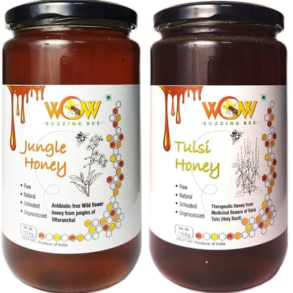 WOW BUZZING BEE - Raw Natural Unprocessed Forest Flower Honey 100% Natural Ayurvedic Remedy for Weight Loss, Cough and Digestive Disorders. (Tulsi + Jungle (1 Kg x 2))