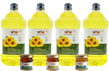 WOW Cooking Oils Certified Organic Virgin Cold Pressed Sunflower Cooking Oil (2 LTR X 4)+3 RAW Honey 55GM