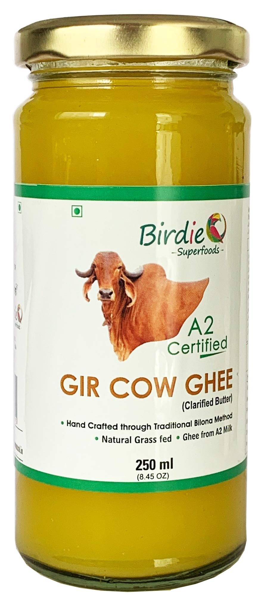 Birdie Superfoods -100% Pure A2 Gir Cow Desi Ghee Through Vedic Bilona Method (Glass Bottle- 250 ml)