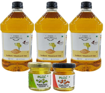 Farm Naturelle 100% Pure Natural Virgin Cold Pressed Yellow Mustard Seed Cooking Oil. (2 LTR X 3)+ 2 Honey 55g
