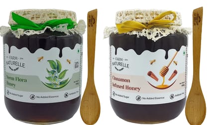 Farm Naturelle-Real Cinnamon & Neem Infused Wild Forest (Jungle) Honey/100% Pure/Natural/Un-Processed/Un-Heated/Lab Tested/Glass Bottle-(1000gm+150gm Extra+Wooden Spoons.) x 2 Sets.