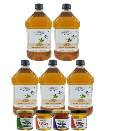 Farm Naturelle 100% Virgin Cold Pressed White Sesame Seed Cooking Oil Fssai Approved. (2 LTR X 5)+4, 55g Honey