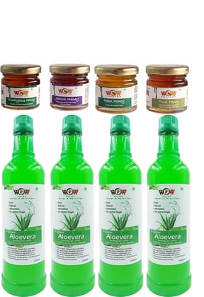 WOW ZIP - GO HERBS & NUTRITION -100% Pure Aloevera Herbal Juice (750 Ml x 4 + 4Honey 55g) Free Immunity Enhancing Honey.
