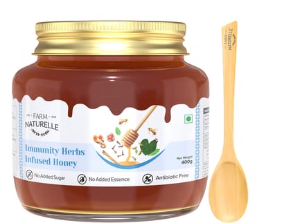 Farm Naturelle-Immunity herbs Infused Flower Wild Forest Honey|400gm and a Wooden Spoon|Pure and Natural| The Finest 100% Raw Natural Unprocessed Honey In Glass Bottle.