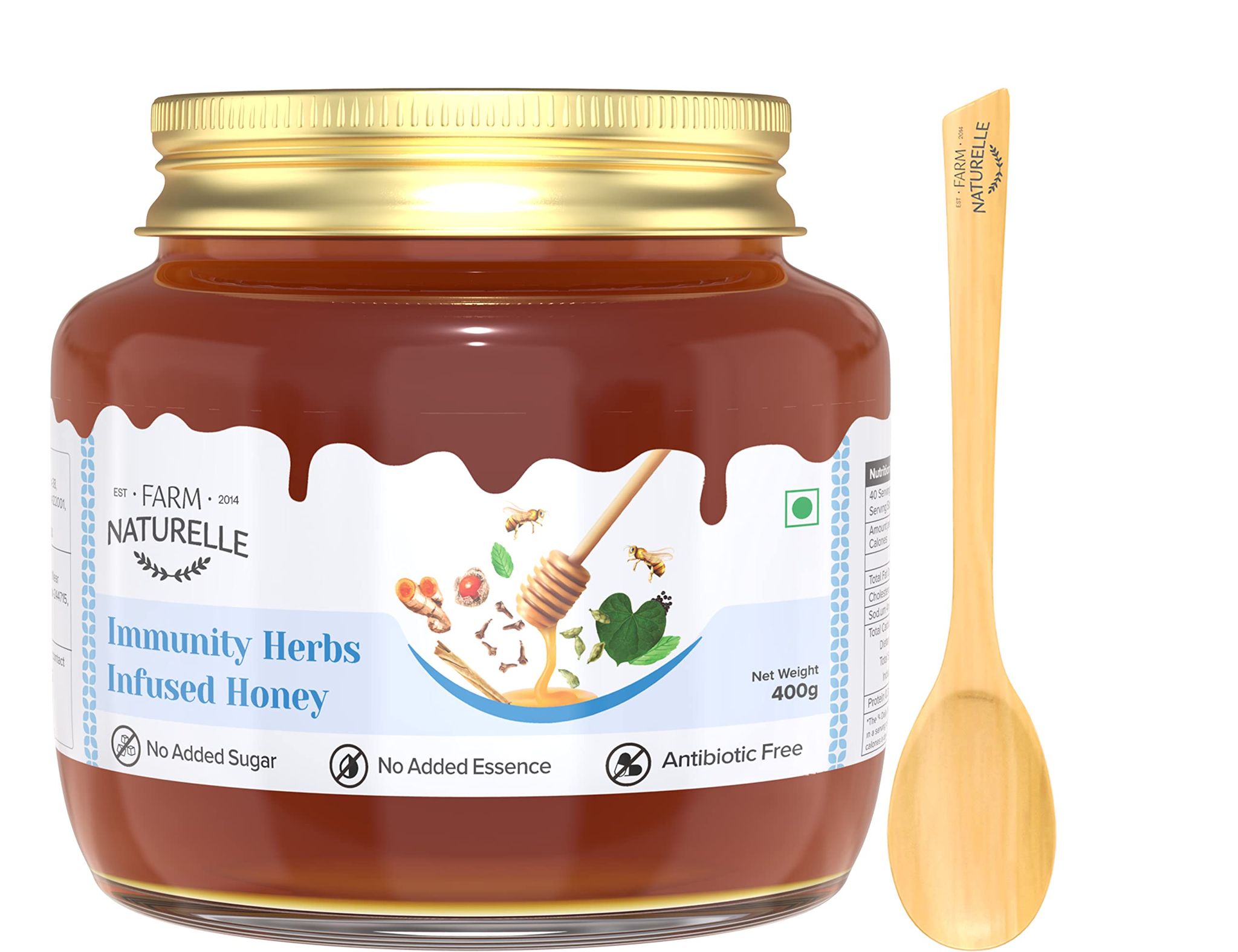 Farm Naturelle-Immunity herbs Infused Flower Wild Forest Honey|400gm and a Wooden Spoon|Pure and Natural| The Finest 100% Raw Natural Unprocessed Honey In Glass Bottle.
