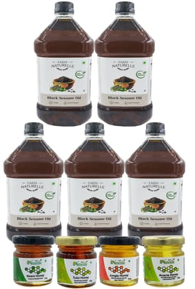 Farm Naturelle Organic Virgin Cold Pressed Black Sesame Seed Cooking Oil . (2 Litre X 5 )+4, 55g