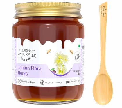 Farm Naturelle Honey : Jamun Flower Wild Forest Honey | 100% Pure Honey, Raw Natural Un-Processed -Un-Heated Honey |700g+75gm Extra and a Wooden Spoon| Lab Tested Honey in Glass Bottle.