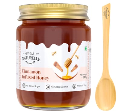 Farm Naturelle Healthy Cinnamon(Daalchini) Infused Honey 700gm + 75gm Extra |100% Pure Honey| Raw & Unfiltered|Unprocessed|Lab Tested Honey In Glass Jar with Engraved Virgin Wooden Spoon