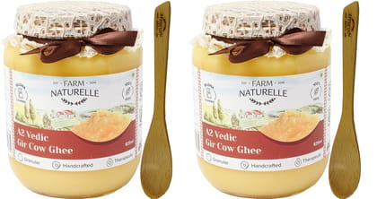 Farm Naturelle A2 Pure Gir Cow Ghee 750ml + 75ml Extra (2 sets) In Glass Bottle | Extra Engraved Virgin Wooden Spoon| 100% Desi Gir Cow Ghee | Vedic Bilona Method-Curd Churned-Golden | Lab Tested Grainy & Aromatic, Keto Friendly | Non-GMO Grassfed, Premium & Traditional Ghee | Immunity Booster