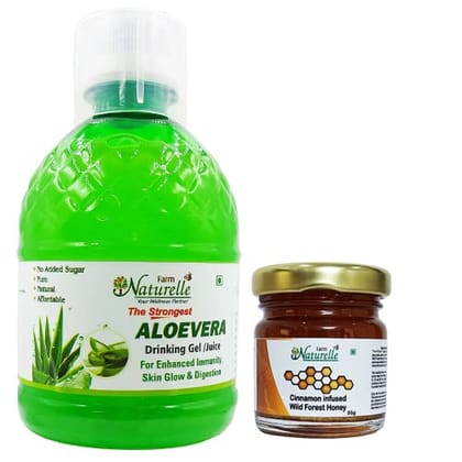 Farm Naturelle-Strongest Aloevera Juice with 80% Pulp-Revitalize Hair and Skin-400ml+ 55g Cinnamon Infused Forest Honey