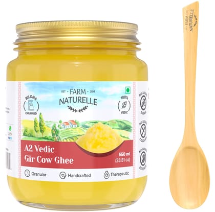 Farm Naturelle-550ml A2 Desi Cow Ghee from Grass Fed Gir Cows | Vedic Bilona Method-Curd Churned-Golden | Grainy & Aromatic, Keto Friendly | Non-GMO, Glass Jar-500ml+50ml Extra and a Wooden Spoon.