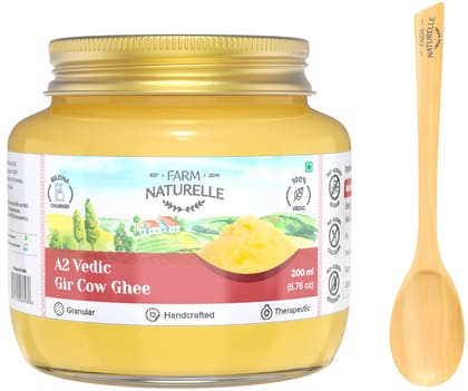 Farm Naturelle-A2 Desi Cow Ghee from Grass Fed Gir Cows,Vedic Bilona method-Curd Churned-Golden, Grainy & Aromatic, Keto Friendly, Lab tested, NON-GMO, Glass Jar-200ml+50ml Extra and a Wooden Spoon.