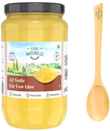 Farm Naturelle A2 Pure Gir Cow Ghee 1000ml Extra In Glass Bottle | Extra Engraved Virgin Wooden Spoon| 100% Desi Gir Cow Ghee | Vedic Bilona Method-Curd Churned-Golden | Lab Tested Grainy & Aromatic, Keto Friendly | Non-GMO Grassfed, Premium & Traditional Ghee | Immunity Booster