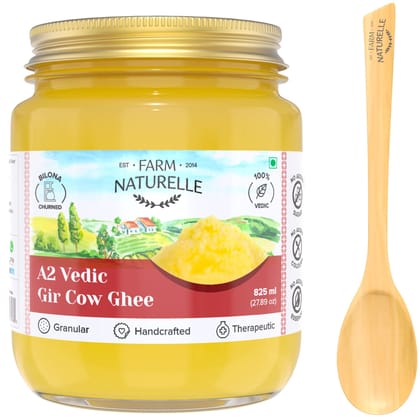 Farm Naturelle A2 Pure Gir Cow Ghee 750ml + 75ml Extra In Glass Bottle | Extra Engraved Virgin Wooden Spoon| 100% Desi Gir Cow Ghee | Vedic Bilona Method-Curd Churned-Golden | Lab Tested Grainy & Aromatic, Keto Friendly | Non-GMO Grassfed, Premium & Traditional Ghee | Immunity Booster