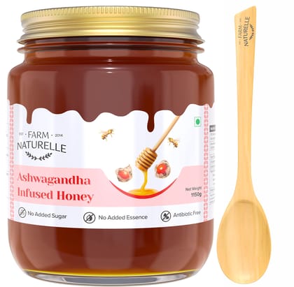 Farm Naturelle-Ashwagandha Infused Forest Honey|1kg+150gm Extra and a Wooden Spoon| 100 % Pure Raw Natural Unprocessed|Lab Tested Honey in Glass Bottle.