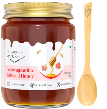 Farm Naturelle-Ashwagandha Infused Forest Honey|700gm+75gm Extra and a Wooden Spoon| 100 % Pure Raw Natural Unprocessed|Lab Tested Honey in Glass Bottle.