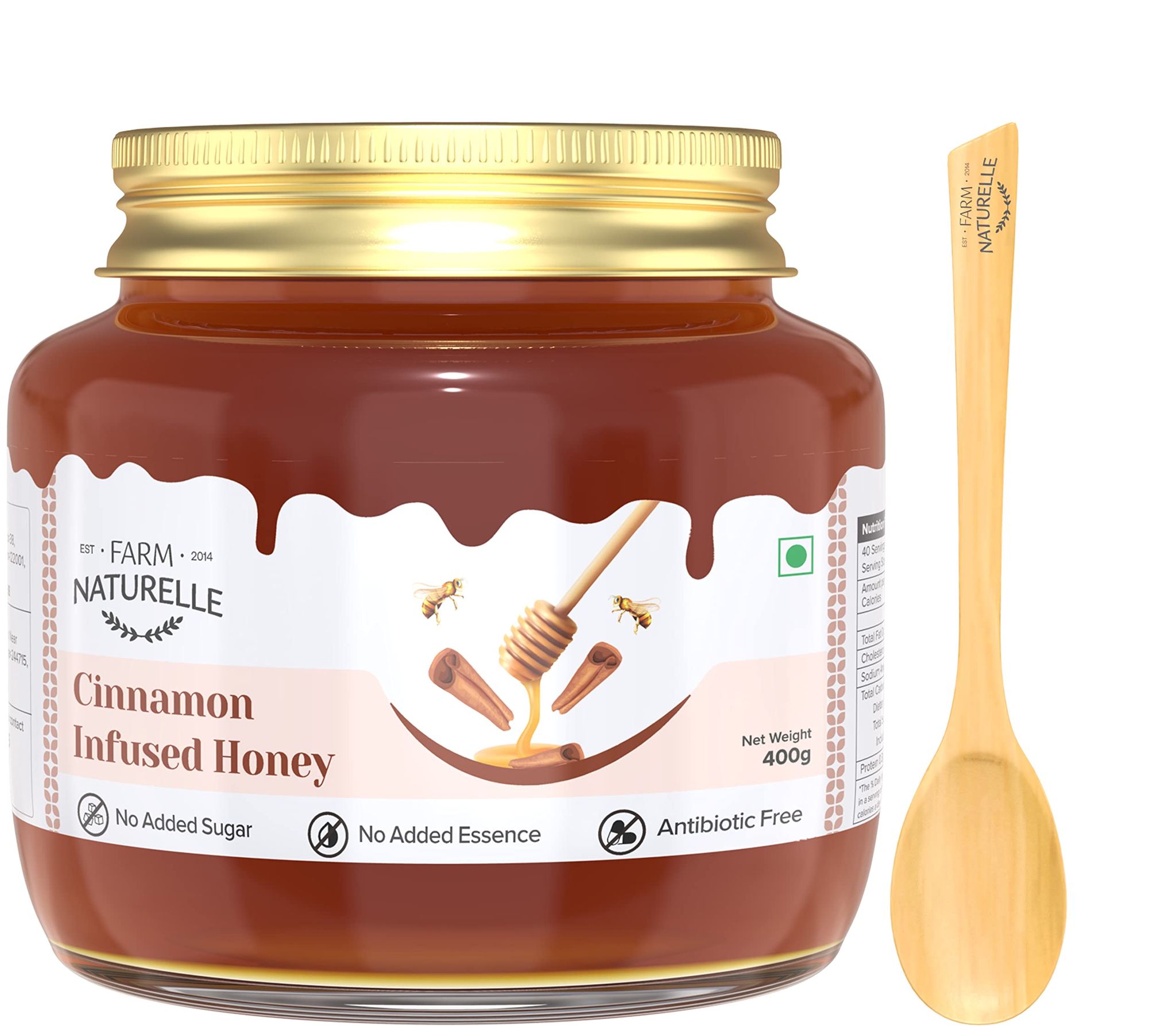 Farm Naturelle-Cinnamon Flower Wild Forest Honey |400gm and a Wooden Spoon 100% Pure & Natural Ingredients Made Delicious Honey | No Artificial Color | No Added Sugar | Lab Tested Cinnamon Honey In Glass Bottle.