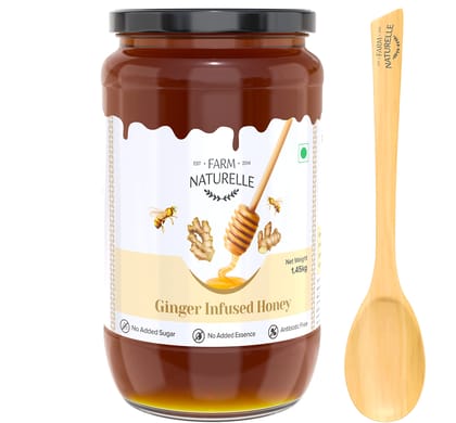 Farm Naturelle-Real Ginger Infused Forest Honey|1450gm and a Wooden Spoon| 100% Pure, Raw Natural - Un-Processed - Un-Heated Honey |Lab Tested Ginger Honey in Glass Bottle.