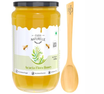 Farm Naturelle-Acacia Flower Wild Forest Honey| 1450gm and a Wooden Spoon| 100% Pure Honey, Raw Natural Un-Processed - Un-Heated Honey | Lab Tested in Glass Bottle.