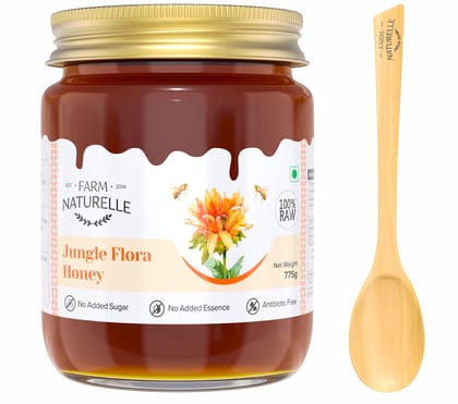 Farm Naturelle-Jungle Flower Wild Forest Honey | 100% Pure Honey |700g+75gm Extra and a Wooden Spoon| Raw Natural Unprocessed Unheated Lab Tested Honey | Glass Bottle.